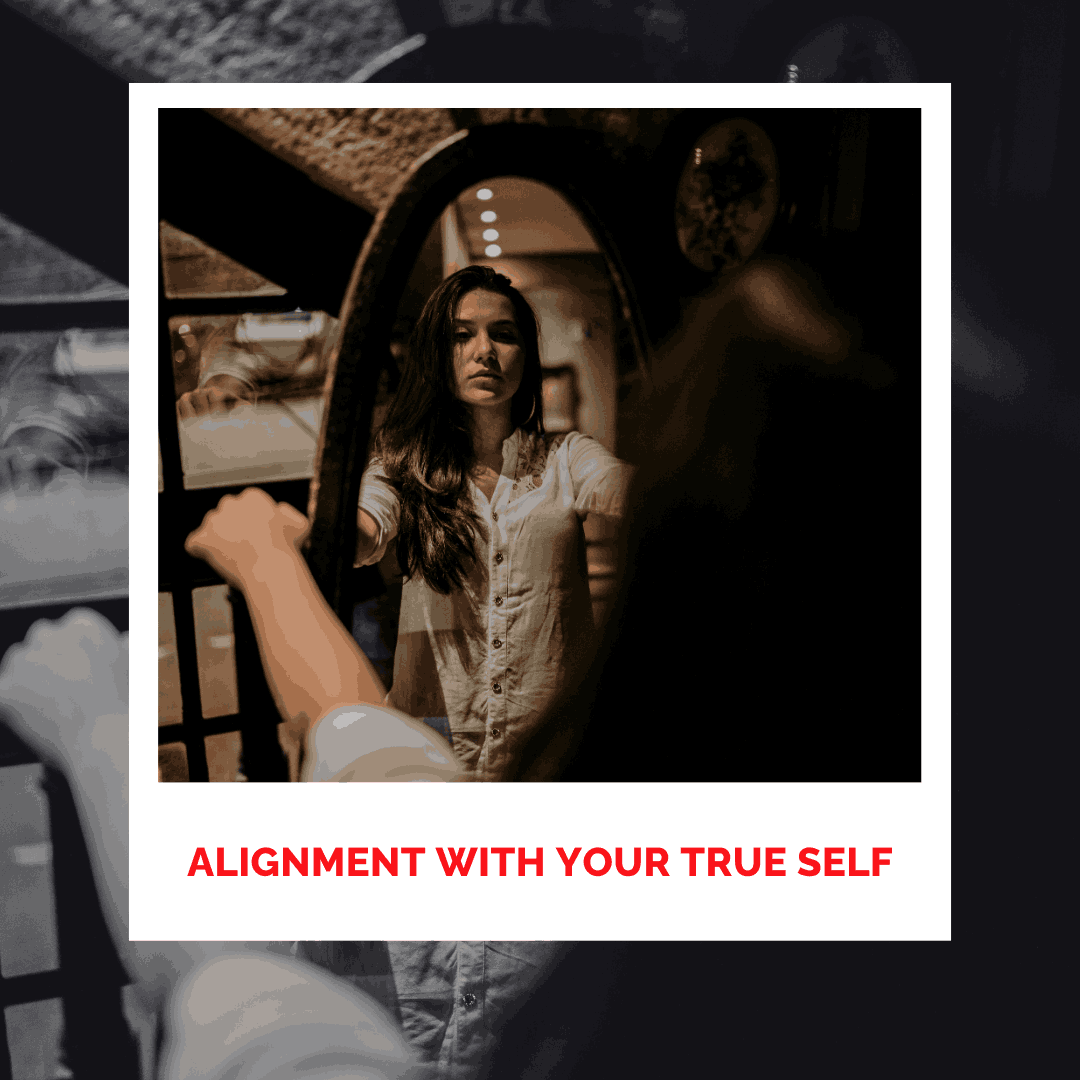 Woman looking at herself in mirror for self-awareness and healing.