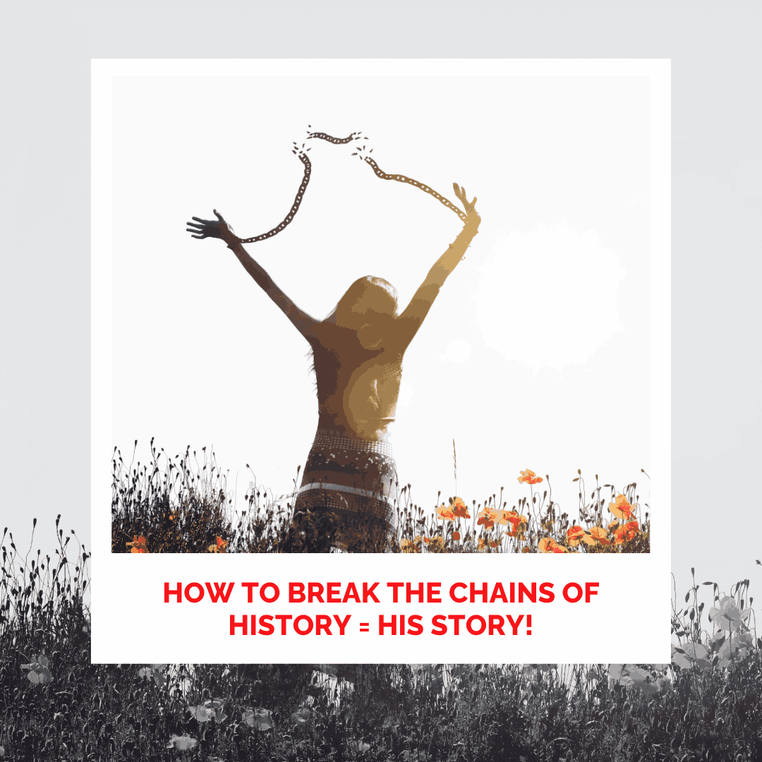 Woman breaking chains in a field symbolizing healing and liberation from past history.
