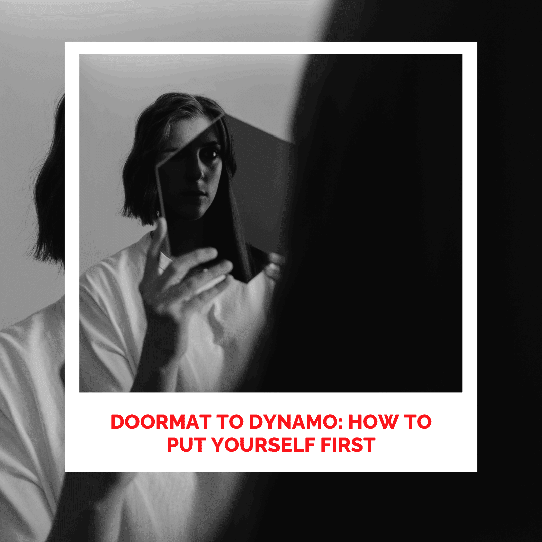 Woman looking at mirror, self-care and personal growth concept.
