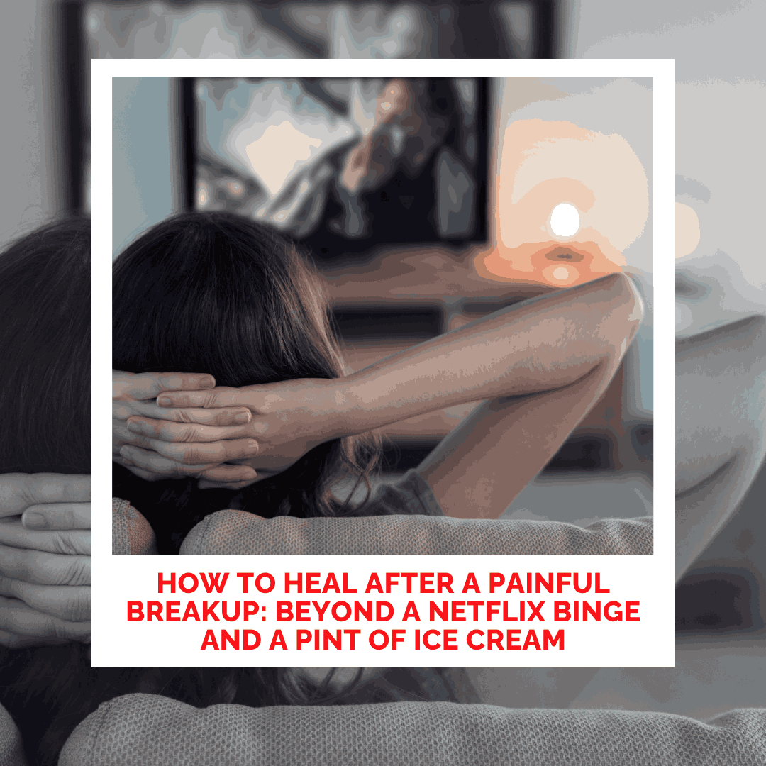 Woman relaxing on sofa watching TV, healing from breakup.