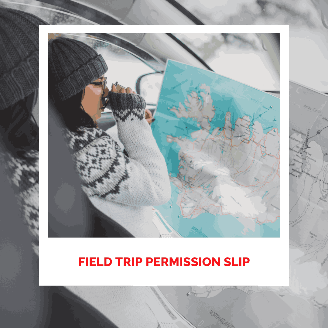 Child holding map during road trip, travel permission slip in background.