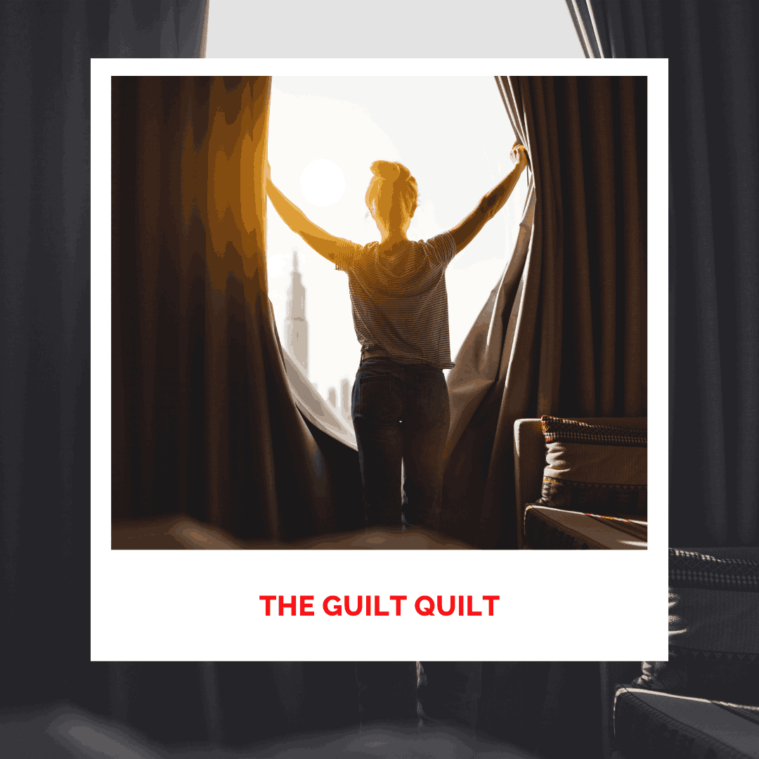Woman opening curtains at sunrise symbolizing emotional healing and release of guilt.