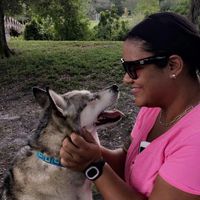 Woman in pink shirt with dog outdoors, promoting healing and compassion.