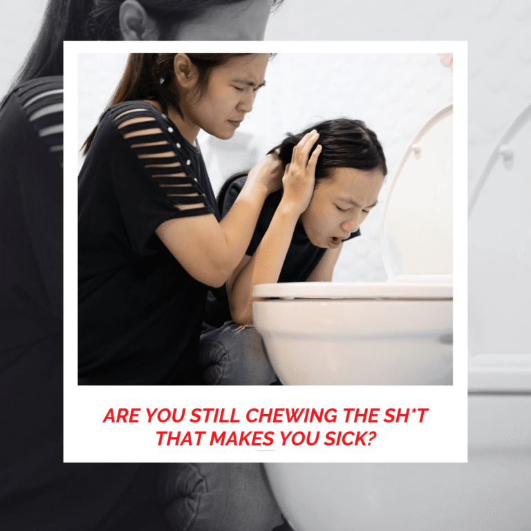 Woman feeling sick after vomiting, emphasizing the importance of healthy eating habits.