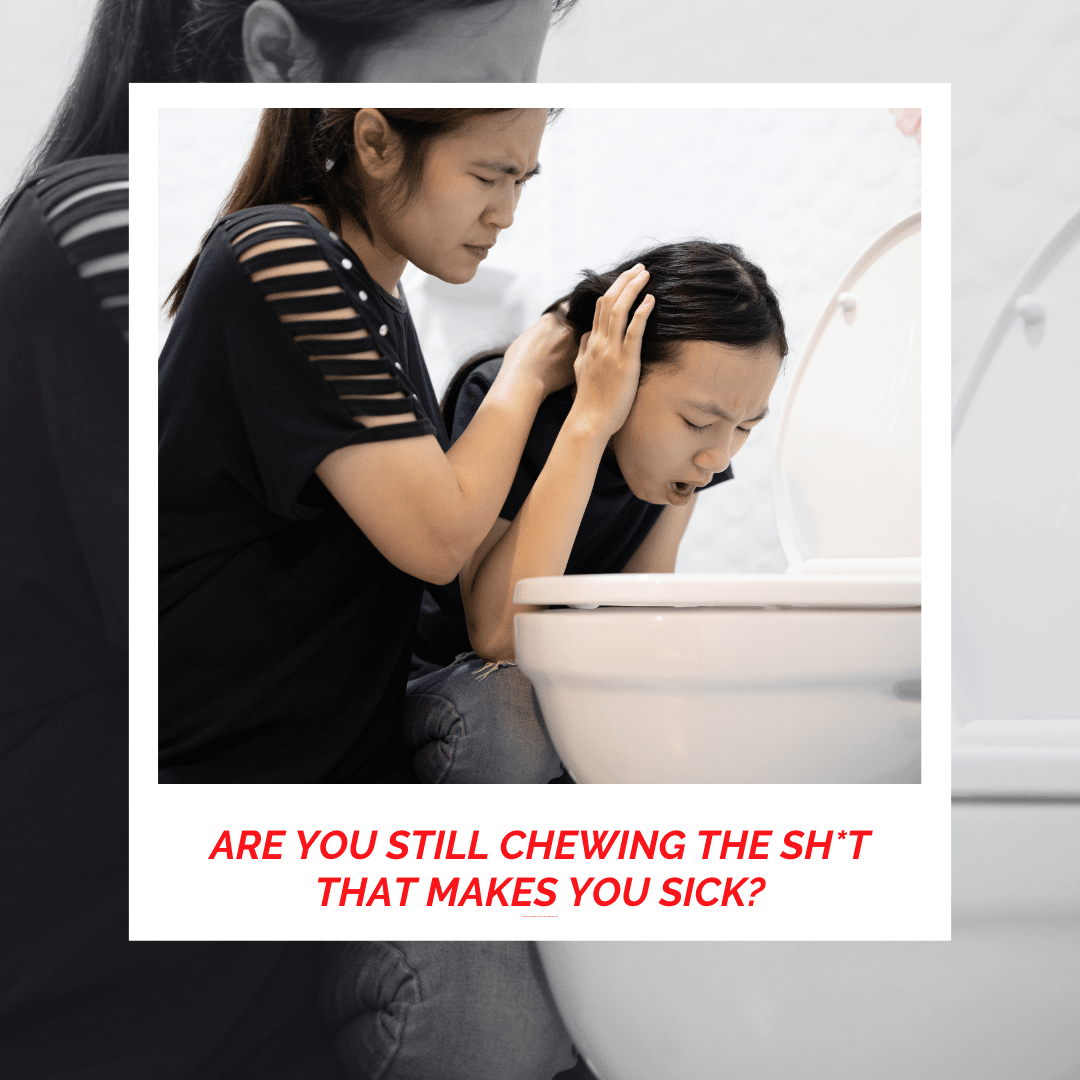 Woman feeling sick after vomiting, emphasizing the importance of healthy eating habits.