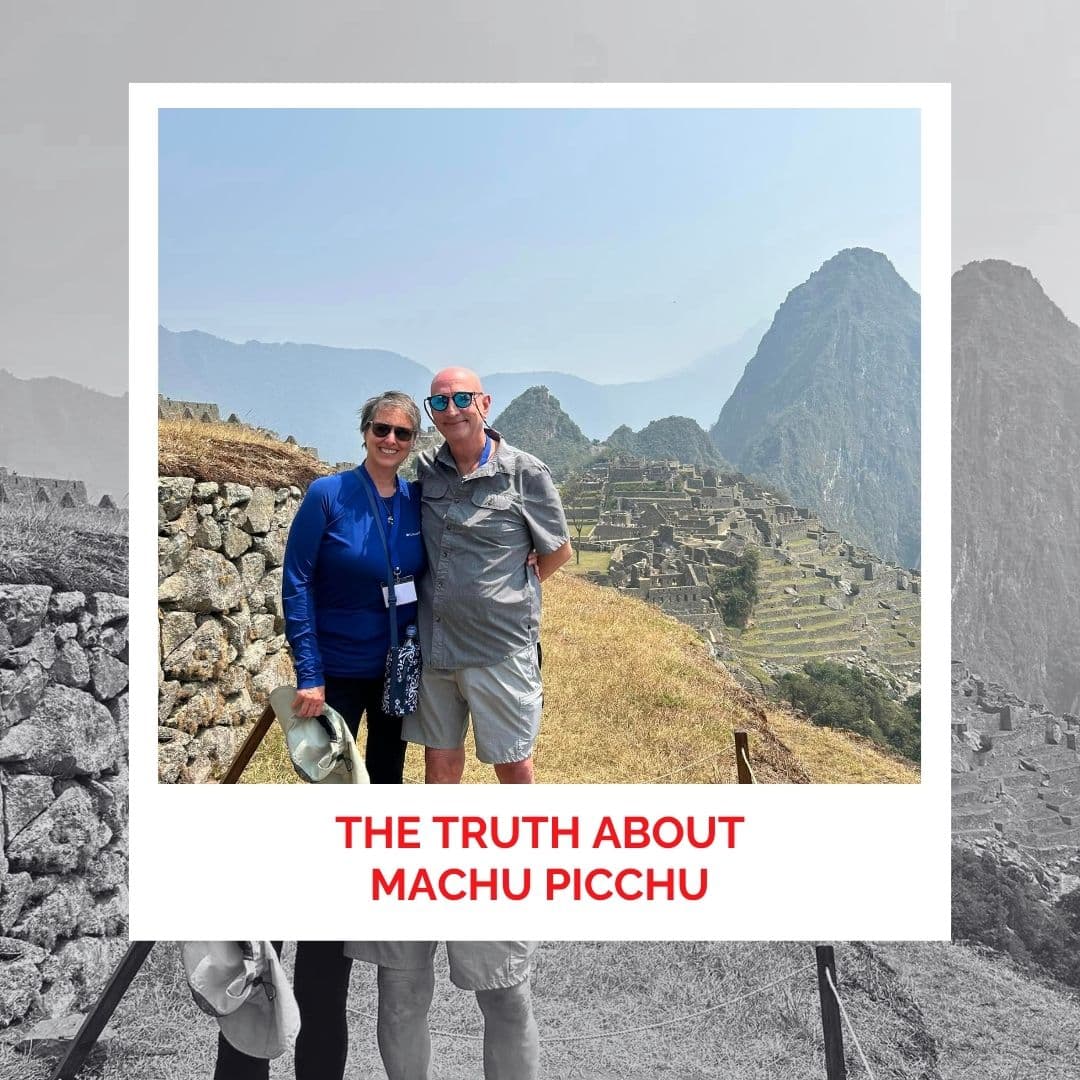 Happy tourists exploring Machu Picchu, Peru, with scenic mountain views.