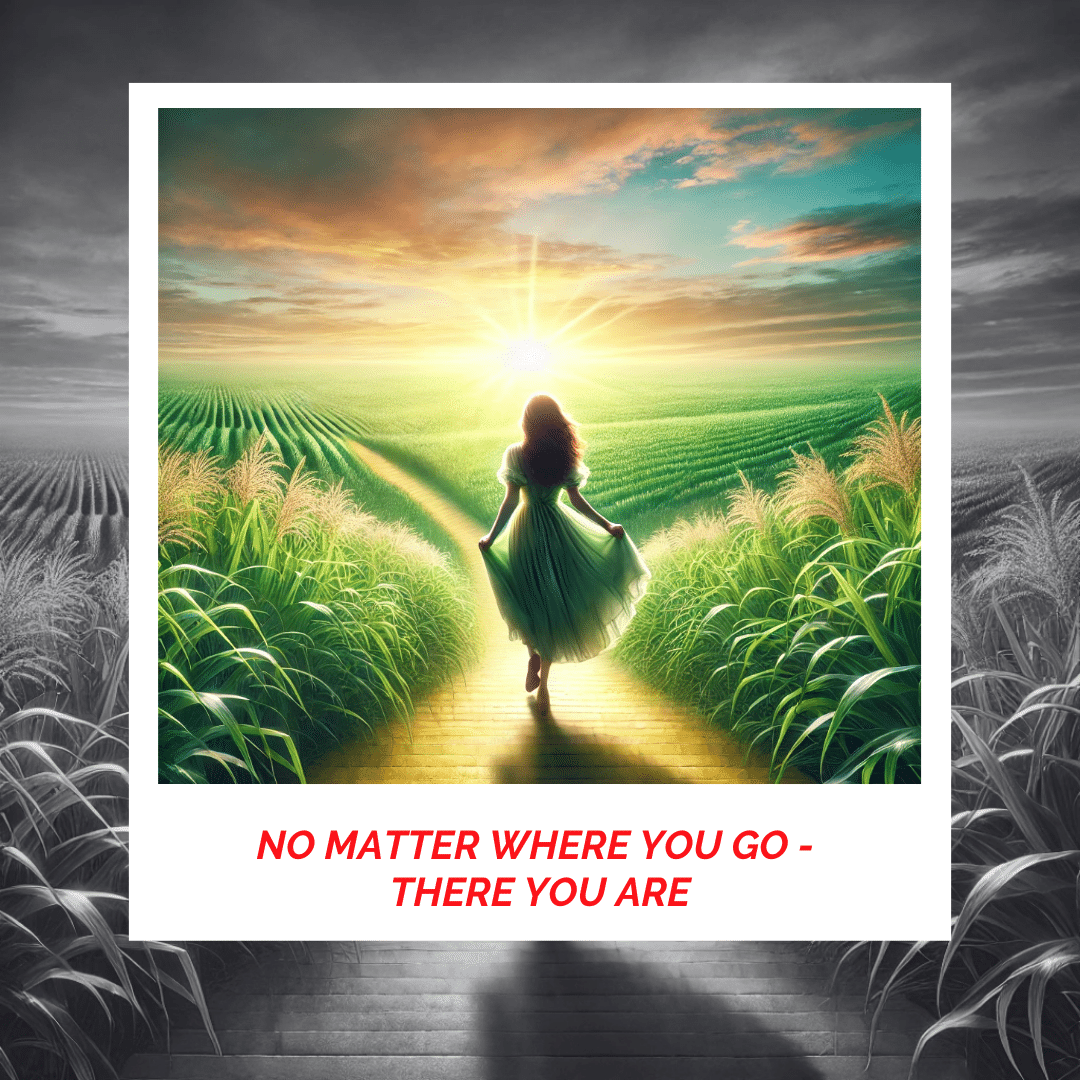 Woman walking through lush green fields at sunrise, symbolizing healing and spiritual growth.