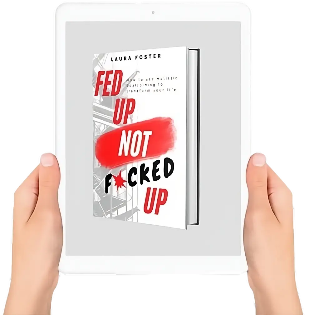 Book cover titled "Fed Up Not Fucked Up" by Laura Foster on a white tablet screen.