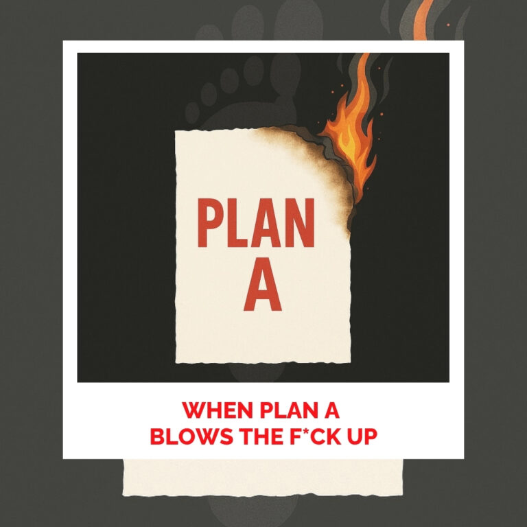 A piece of paper labeled “Plan A” burns from the corner with bright orange flames, symbolizing failure or transformation when the original plan falls apart.