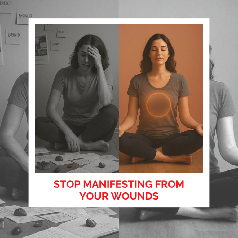 Woman meditating with glowing circle on chest, promoting healing from wounds.