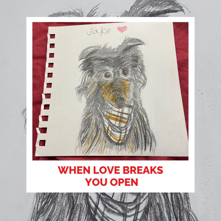 Dog portrait drawing with love and healing energy.