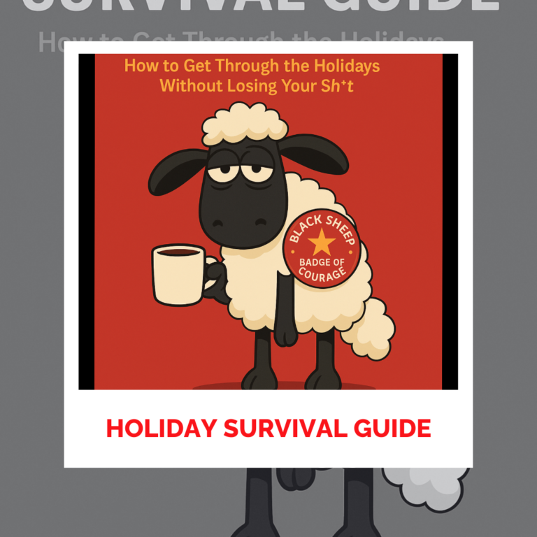 Cartoon sheep with coffee mug promoting holiday stress relief and resilience.