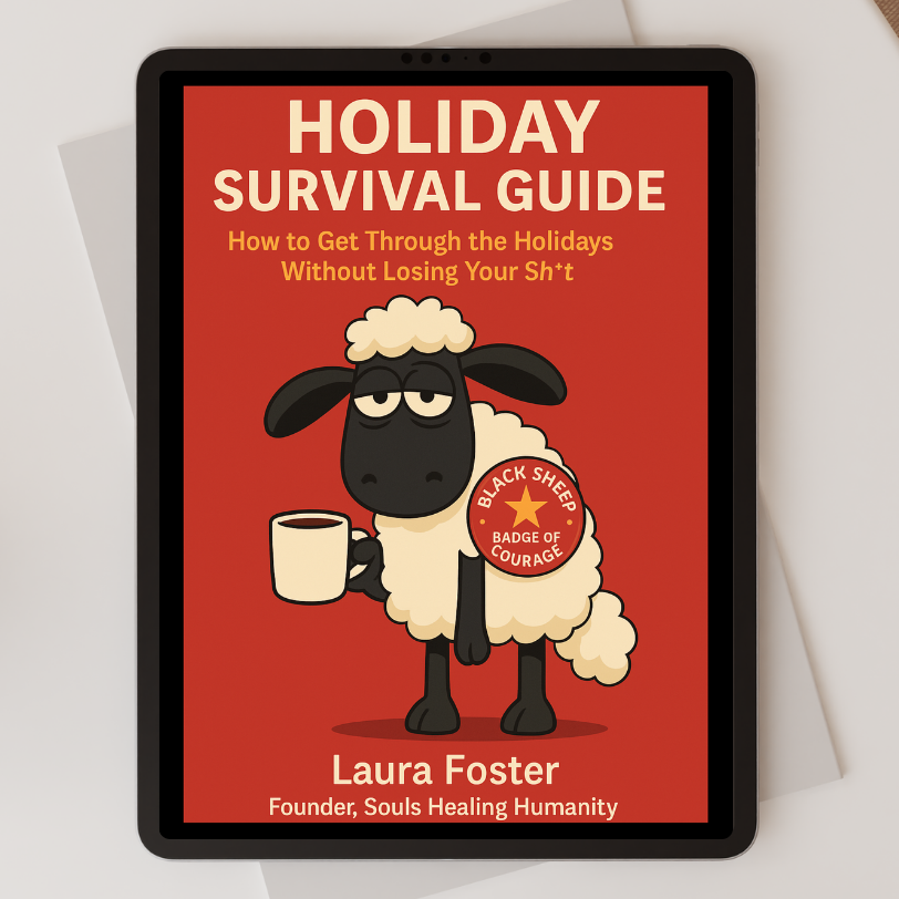 Holiday survival guide with a cartoon sheep holding a mug.