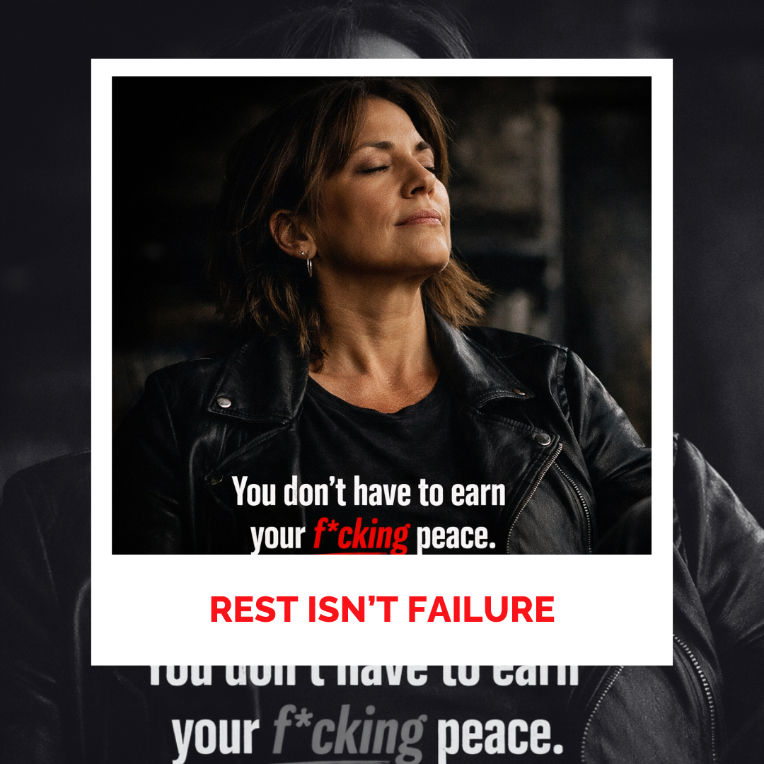 Woman with closed eyes in leather jacket, promoting peace and resilience.