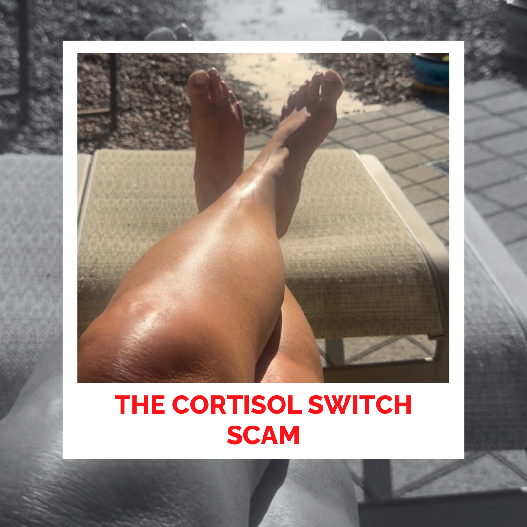 Close-up of legs relaxing outdoors with "The Cortisol Switch Scam" text overlay.