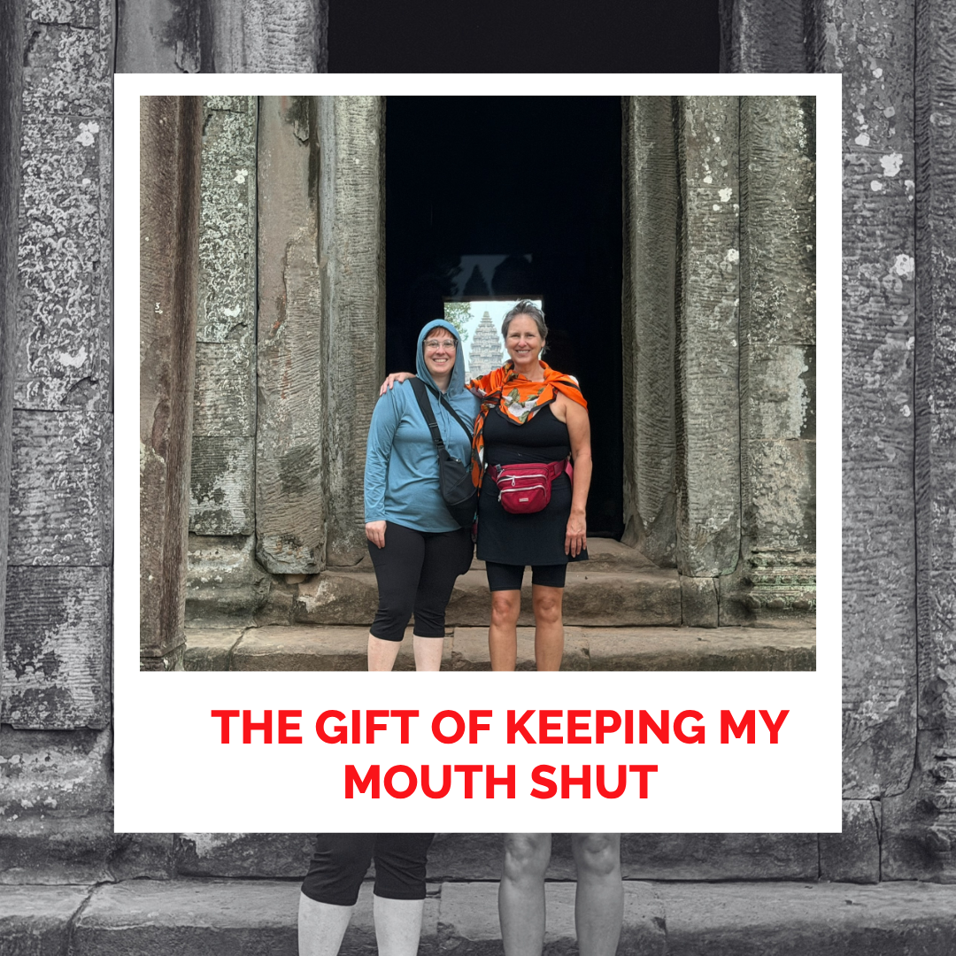 Two women standing in front of an ancient stone doorway, smiling, with a bold message about silence.