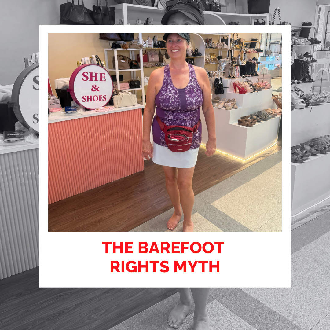 Laura Foster standing barefoot in a shoe store with a sign about shoes.